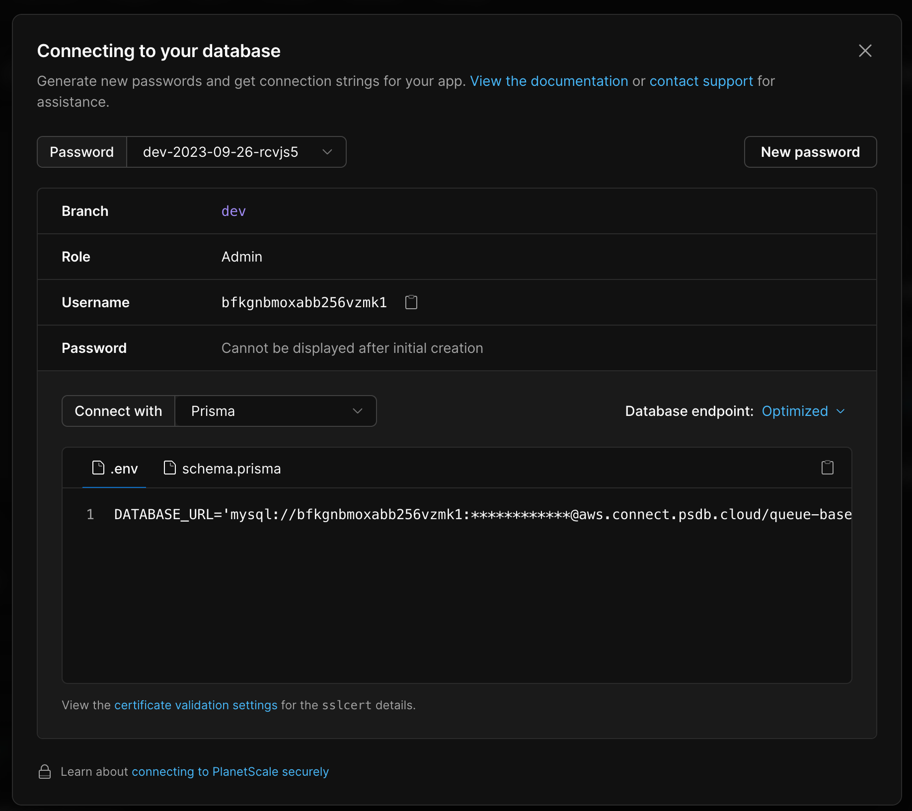 Planetscale connection modal